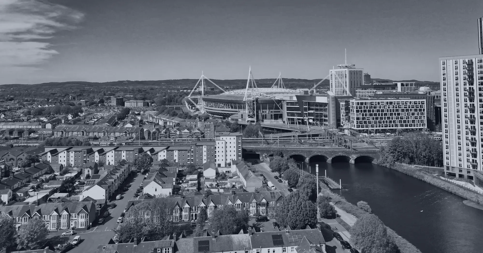 Cardiff from the air, with the Principality Stadium and the River Taff.