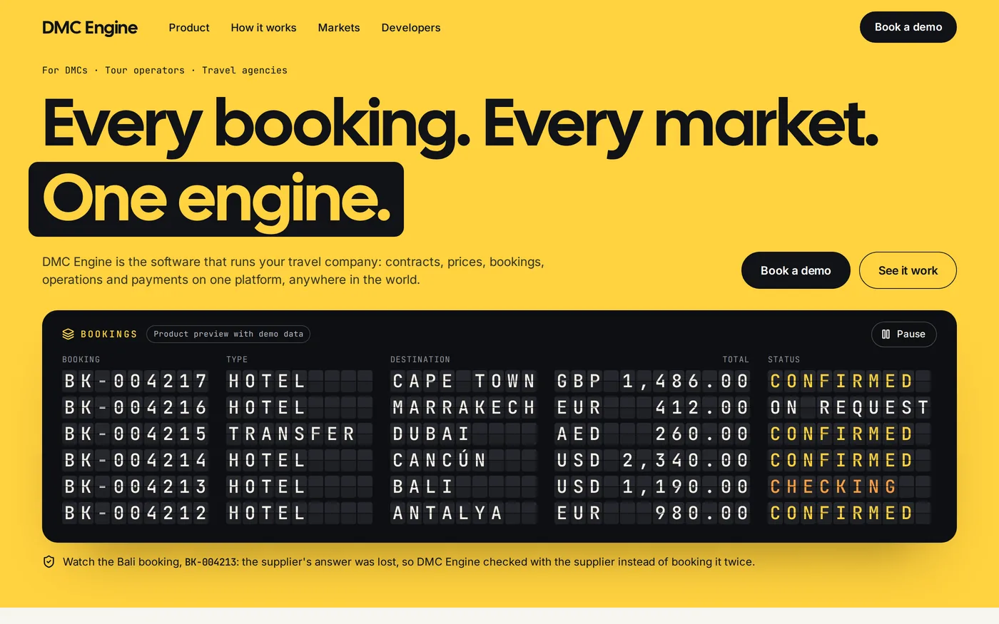 The DMC Engine homepage on dmcengine.com, with a bookings board of demo data.