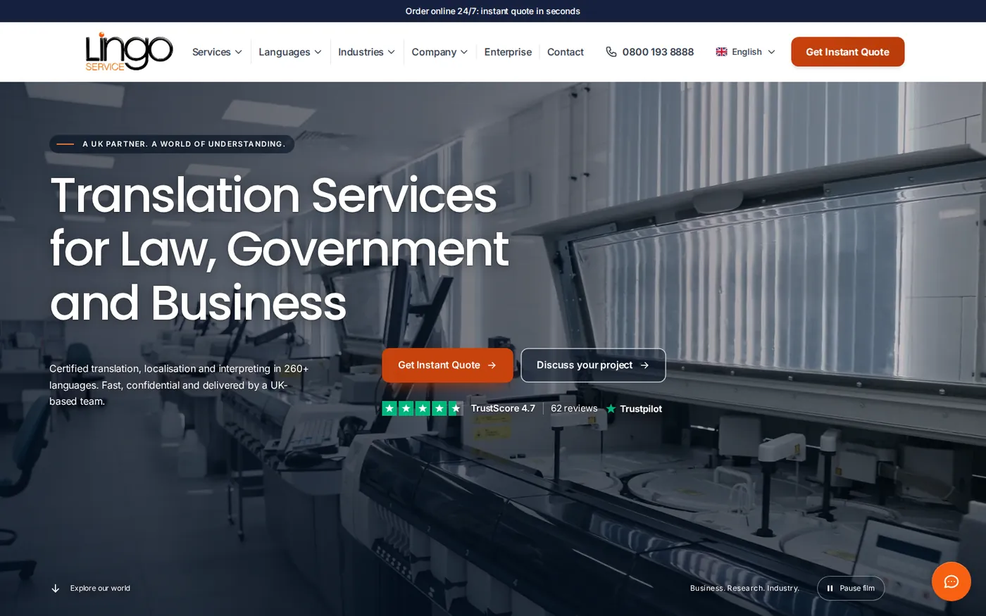 The Lingo Service homepage on lingoservice.com, translation services for law, government and business.