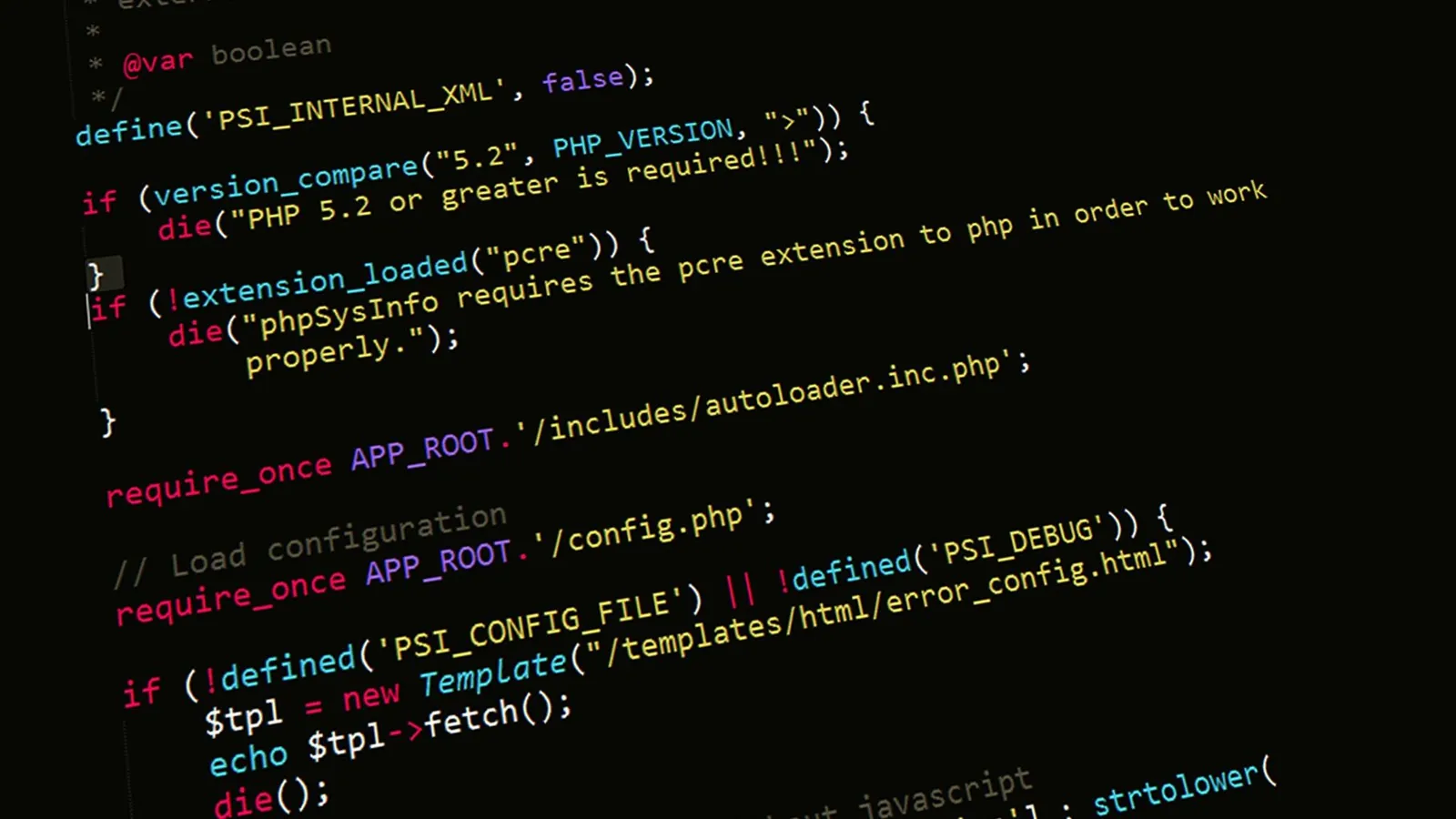PHP code on a computer screen that stops the program on any version older than PHP 5.2